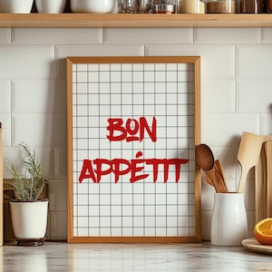 Stampa Bon Appetit, download digitale, arte murale moderna per cucina, arredamento estetico per cucina, poster massimalista, poster con citazione francese, regalo per buongustai