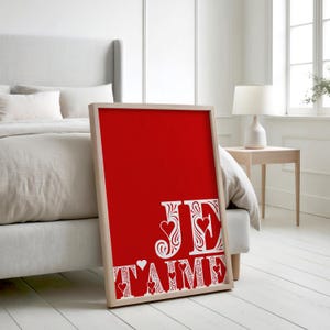 Je T'aime afdrukbare muurkunst, preppy print, Valentijnsdag decor, trendy girly poster, vintage muurkunst, retro print, typografie kunst