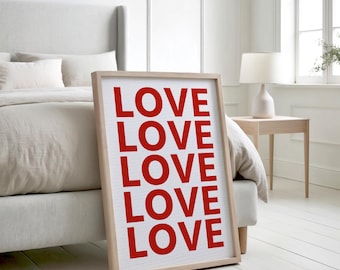 Love Typography Poster, Red Text Print, Valentines Decor (Digital Download)