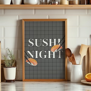 Sushi Nacht druckbare Wandkunst, Japanische Küche Wanddruck, trendiger Wanddruck, Sushi Rolle Druck, Sushi Nacht Poster, Sushi Stäbchen Kunst