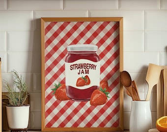 Plakat z dżemem truskawkowym, wydruk do kuchni w stylu retro, uroczy, estetyczny wystrój (do pobrania w wersji cyfrowej)