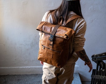 ATLAS Brown Leather Backpack, Roll Top Backpack, Aesthetic Large Travel Bag, Adjustable Unisex Backpack, Rucksack Laptop Bag, Christmas gift