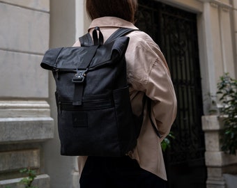 ATLAS Black Canvas And Black Leather Backpack, Roll Top Backpack, Aesthetic Large Travel Bag, Unisex Backpack, Rucksack Laptop Bag