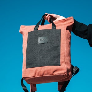 AGORA Red-Black Canvas & Black Leather Backpack, Adjustable Unisex Backpack, Laptop Rucksack Bag, Christmas gift, Aesthetic Large Travel Bag image 1