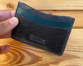 Handmade Leather card wallet, card holder Black & Petrol leather, Credit card case