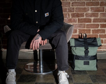ATLAS Green Canvas & Black Leather Backpack, Roll Top Backpack, Aesthetic Large Travel Bag  Unisex Backpack, Rucksack Laptop Bag, Gift
