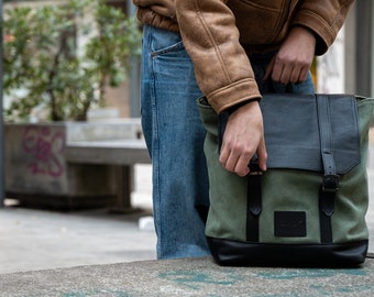 SELENE Black Leather & Green Canvas Backpack, Aesthetic Large Travel Bag, Adjustable Unisex Backpack, Rucksack Laptop Bag, Christmas gift