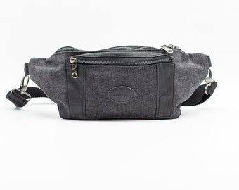 Black Canvas & Black Leather Waist Bag, Fanny pack, Crossbody Bag, Travel bag, Belt bag, unisex Christmas gift
