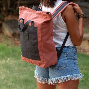 AGORA Red-Black Canvas & Black Leather Backpack, Adjustable Unisex Backpack, Laptop Rucksack Bag, Christmas gift, Aesthetic Large Travel Bag image 10