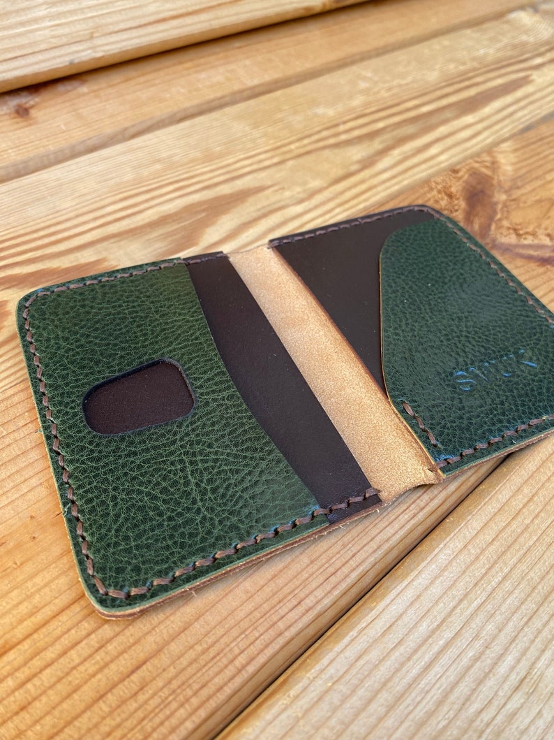 Handmade Stylish card leather wallet Green & Brown image 3