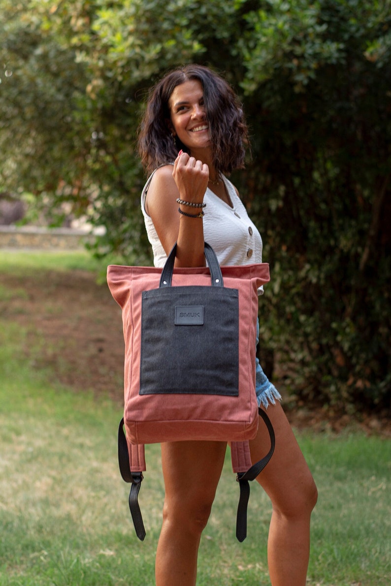 AGORA Red-Black Canvas & Black Leather Backpack, Adjustable Unisex Backpack, Laptop Rucksack Bag, Christmas gift, Aesthetic Large Travel Bag image 2