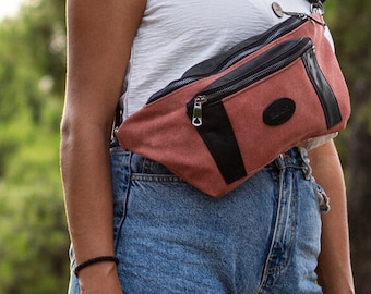 Red Canvas & Black Leather Waist Bag, Fanny pack, Crossbody Bag, Travel bag, Belt bag, unisex Christmas gift