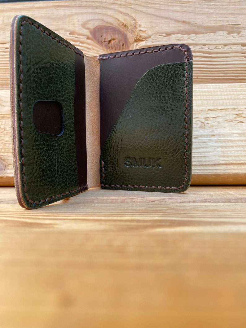 Handmade Stylish card leather wallet Green & Brown image 2