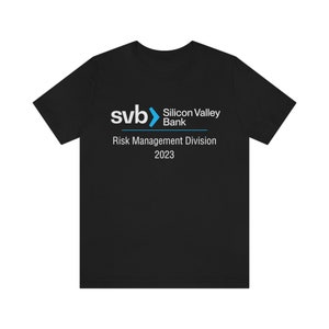 May include: Black t-shirt with a white logo that says "svb> Silicon Valley Bank" and "Risk Management Division 2023"