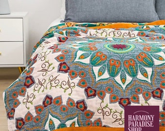 Grand couvre-lit à motif mandala | Jeté bohème 100 % pur coton | Grandes tailles