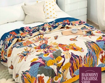 Boho Blumen Tagesdecke | Große gesteppte Decke | Leichter Sofabezug aus 100% Baumwolle