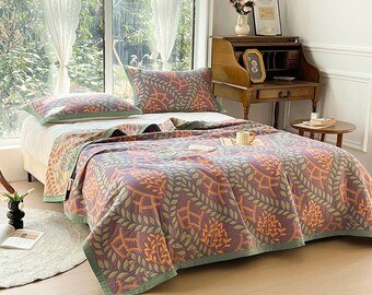 Couvre-lit à motif automnal | Grande couverture matelassée Boho Leaf | Housse de canapé légère 100 % coton