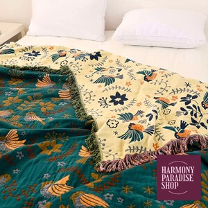 Large Double Sided Bohemian Throw | Soft Bird Patterned 100% Cotton Bedspread | Large Sizes