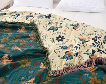 Large Double Sided Bohemian Throw | Soft Bird Patterned 100% Cotton Bedspread | Large Sizes