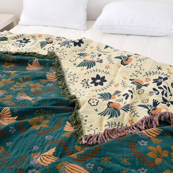 Large Double Sided Bohemian Throw | Soft Bird Patterned 100% Cotton Bedspread | Large Sizes