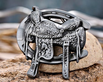 Silver Horseshoe And Saddle Belt Buckle - mens womens cowboy cowgirl western rodeo metal southwestern buckle wedding accessory
