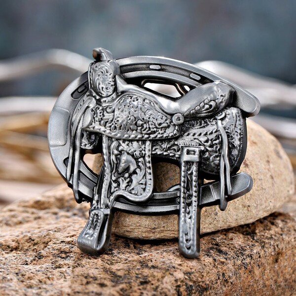 Silver Horseshoe And Saddle Belt Buckle - mens womens cowboy cowgirl western rodeo metal southwestern buckle wedding accessory