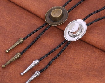 Sombrero de vaquero de bronce/plata Bolo corbata de encaje de bota de cuero, corbata de cuello de vaquero, corbata de cuerda de boda, puntas a juego de bolo trenzado occidental