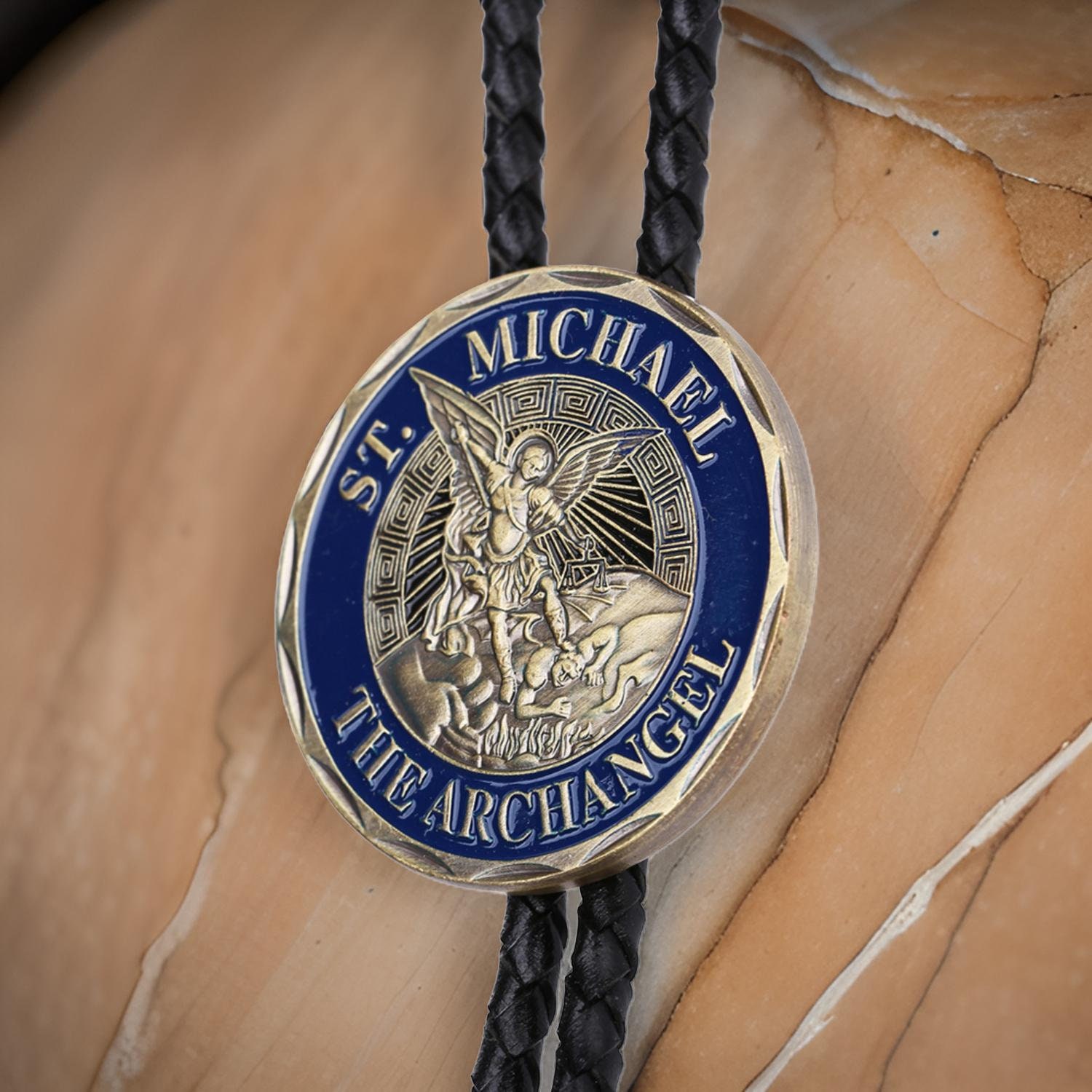 Blue & Bronze ST Michael the Archangel Leather Bootlace Christian Bolo