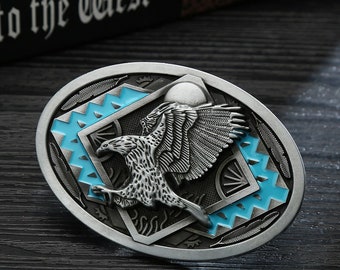 Turquoise Landing Eagle Belt Buckle - mens womens cowboy cowgirl western rodeo metal southwestern buckle wedding accessory