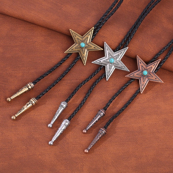 Bronze/Silver/Gold Leather Boot Lace Star Bolo Neck Tie Turquoise Dot Cowboy Necktie, Wedding String Tie, Western Braided Bolo Matching Tips