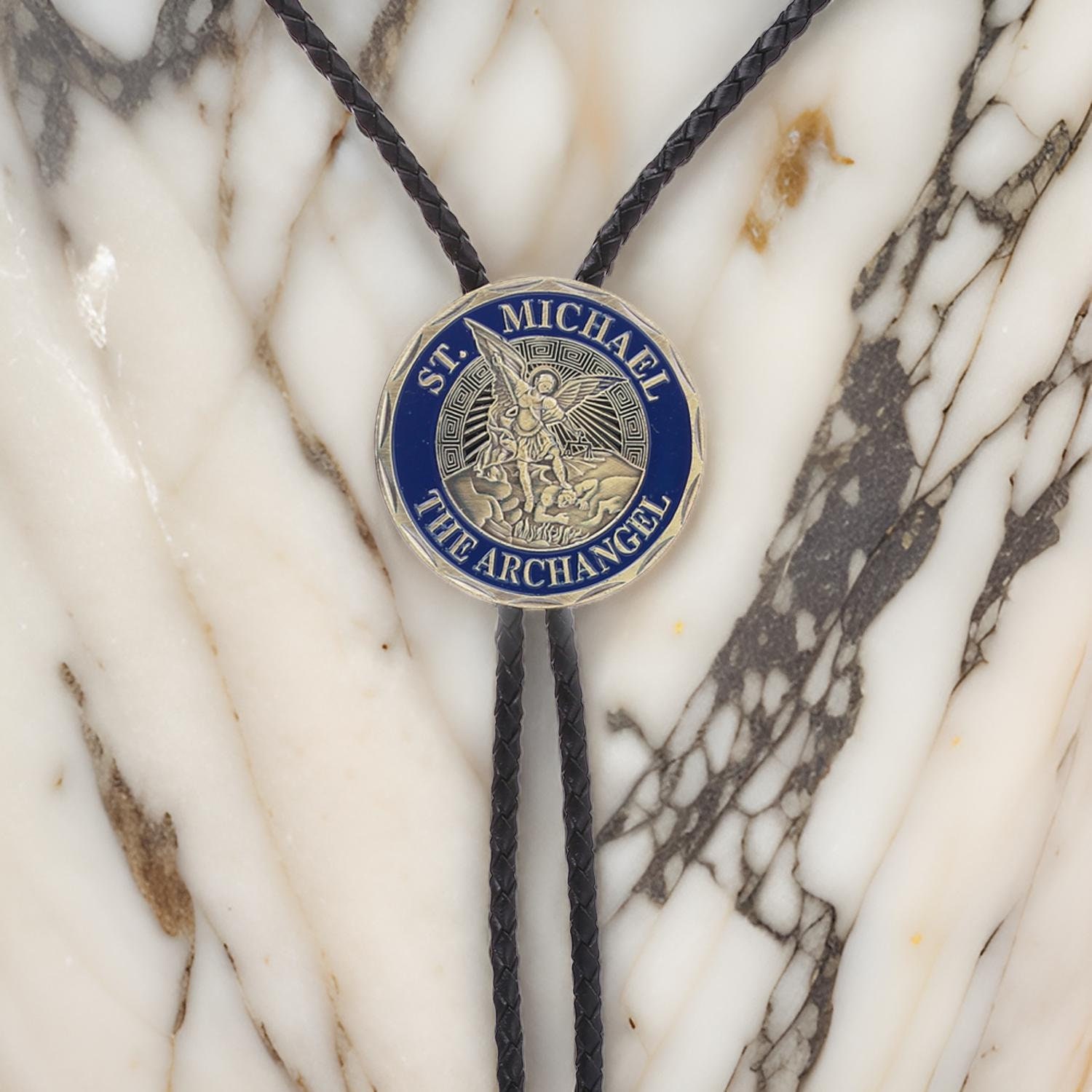 Blue & Bronze ST Michael the Archangel Leather Bootlace Christian Bolo