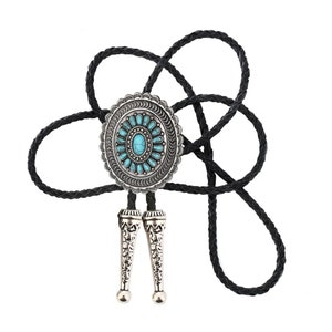 Turquoise Engraved Flower Leather Bootlace Bolo Tie, Cowboy Necktie, Wedding String Tie, Western Braided Bolo Matching Tips image 6