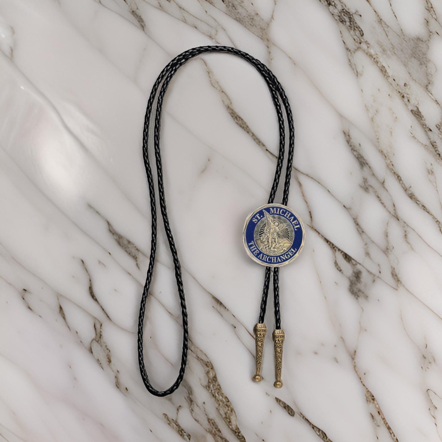 Blue & Bronze ST Michael the Archangel Leather Bootlace Christian Bolo