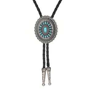 Turquoise Engraved Flower Leather Bootlace Bolo Tie, Cowboy Necktie, Wedding String Tie, Western Braided Bolo Matching Tips image 5