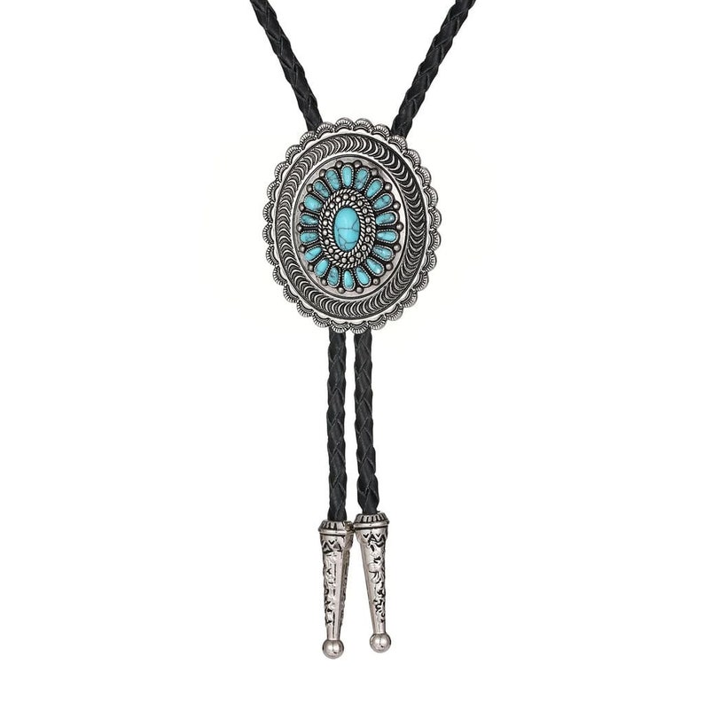 Turquoise Engraved Flower Leather Bootlace Bolo Tie, Cowboy Necktie, Wedding String Tie, Western Braided Bolo Matching Tips image 5