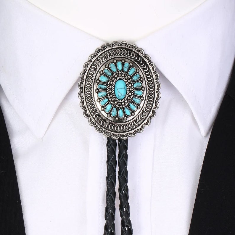 Turquoise Engraved Flower Leather Bootlace Bolo Tie, Cowboy Necktie, Wedding String Tie, Western Braided Bolo Matching Tips image 1