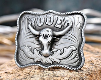 Silver Longhorn Rodeo Belt Buckle - mens womens cowboy cowgirl western rodeo metal southwestern buckle wedding accessory