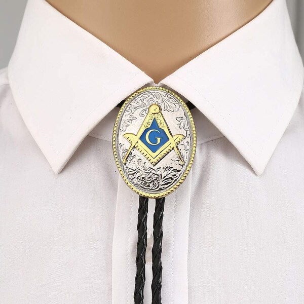 Gold Silver Masonic Bolo Freemason Leather Bootlace Necktie, Cowboy Neck tie, Wedding String Tie, Western Braided Bolo Matching Tips