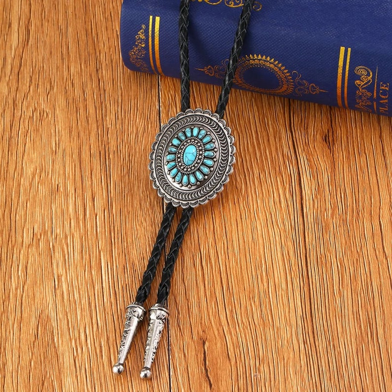 Turquoise Engraved Flower Leather Bootlace Bolo Tie, Cowboy Necktie, Wedding String Tie, Western Braided Bolo Matching Tips image 2