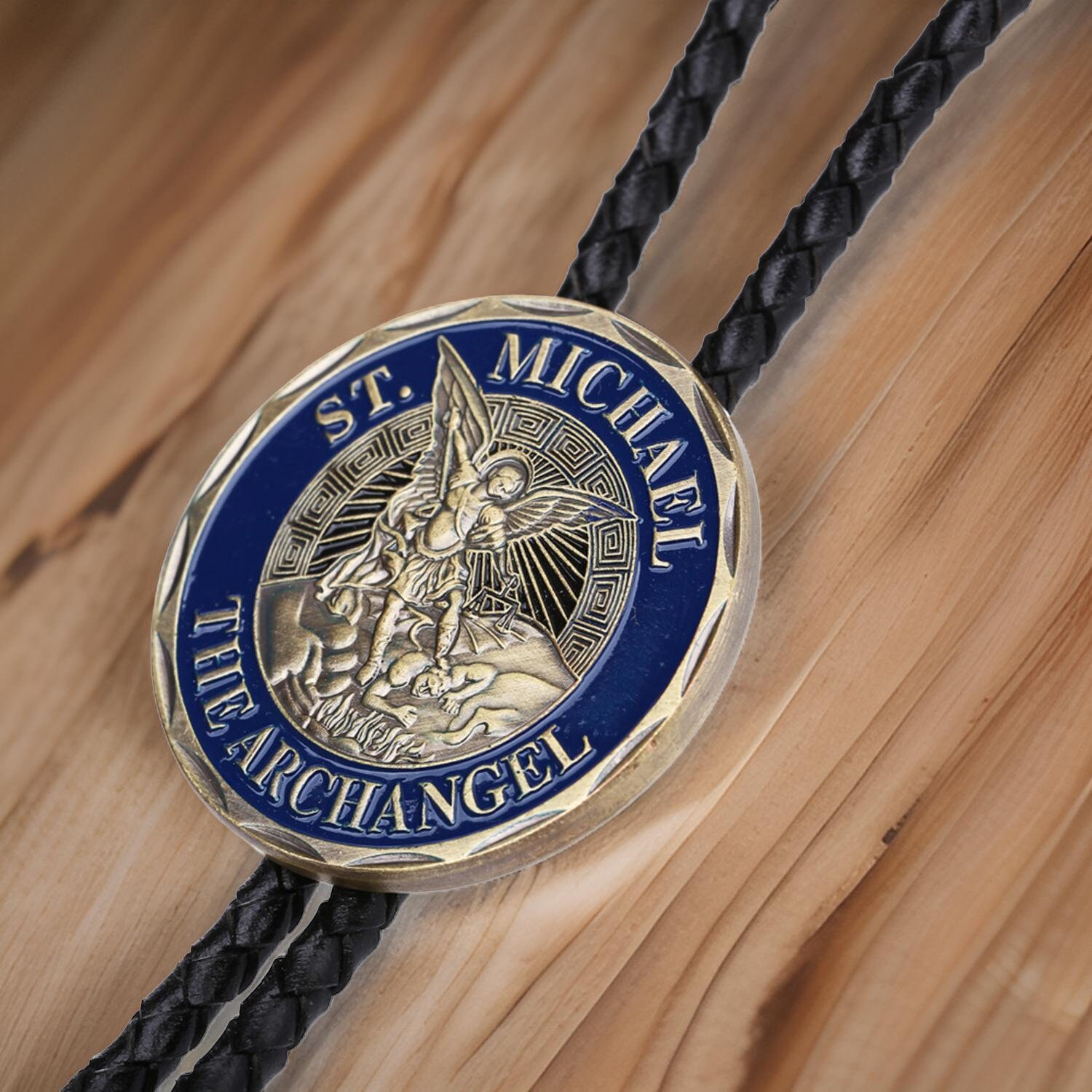 Blue & Bronze ST Michael the Archangel Leather Bootlace Christian Bolo