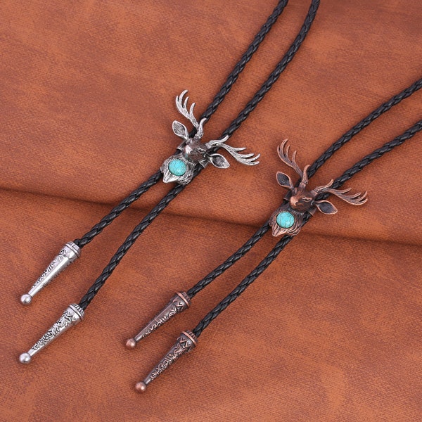 COPPER / SILVER - Turquoise Elk Leather Bootlace Bolo Tie - Cowboy Necktie, Wedding String Tie, Western Braided Bolo Matching Tips