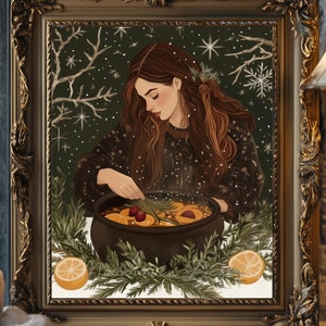May include: A woman with long brown hair is stirring a pot of simmering mulled wine with a sprig of rosemary. The pot is filled with oranges, cranberries, and other spices. The background is a dark green with snowflakes falling.