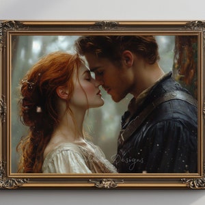 Fantasy Romance Bookish Art | Średniowieczny rycerz i dziewica Romance Print | Dekoracja biblioteki czytelnika romansów | Bajkowa sztuka ścienna romansu