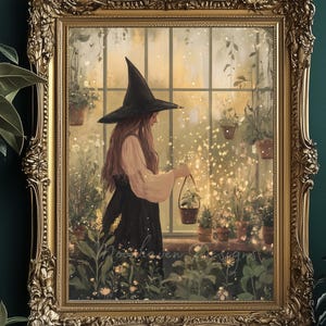 May include: A framed artwork depicts a person in a black witch hat tending to plants in a greenhouse. The artwork is in a gold ornate frame. The image is set against a dark green wall, with a gold planter and a decorative chest below.