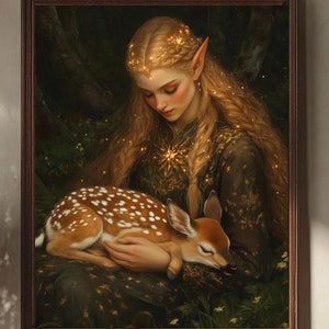 Fantasy Fairy Elf Print | Fairytale Wall Art | Magical Woodland Animal Art | Fairycore Decor | Fae Princess Artwork