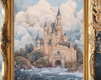 おとぎ話のお城のウォールアート | 気まぐれなファンタジー装飾 | プリンセスのお城のアート | ストーリーブックプリント | 彼女への本好きギフト | おとぎ話の寝室アート