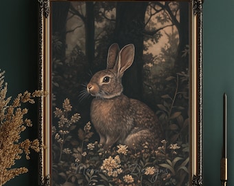 Stampa di coniglio vittoriano scuro e malinconico / Arte vintage di coniglio in stile cottagecore scuro / Decorazione murale rustica della foresta / Arredamento malinconico per la camera da letto / Stampe artistiche della natura