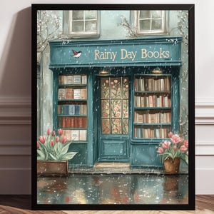 Rainy Day Bookshop Print | Cozy Bookish Art | Gift for Bookworms | Reading Nook Decor | Bookstore Library Wall Decor | Bookshop Wall Art