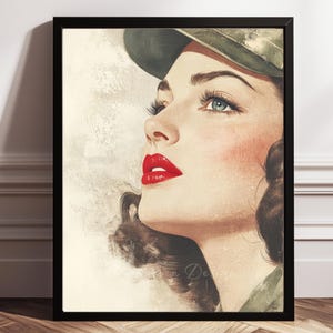 Impresión de lápiz labial de la década de 1940 / Póster de mujer en tiempos de guerra / Arte propagandístico de la Segunda Guerra Mundial / Mujer militar de la Segunda Guerra Mundial / Lápiz labial rojo patriótico