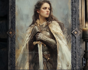 Decorazione medievale "Dark Cottage" / Arte fantasy femminile da cavaliere / Decorazione biblioteca elfica / Stampa artistica di angolo lettura magico / Arte di eroina femminile